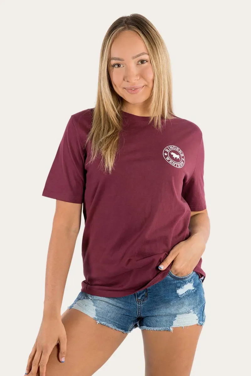 Sale Ringers Western Signature Bull Womens Loose Fit T-Shirt - Burgundy/White