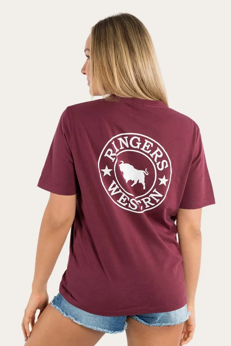 Sale Ringers Western Signature Bull Womens Loose Fit T-Shirt - Burgundy/White