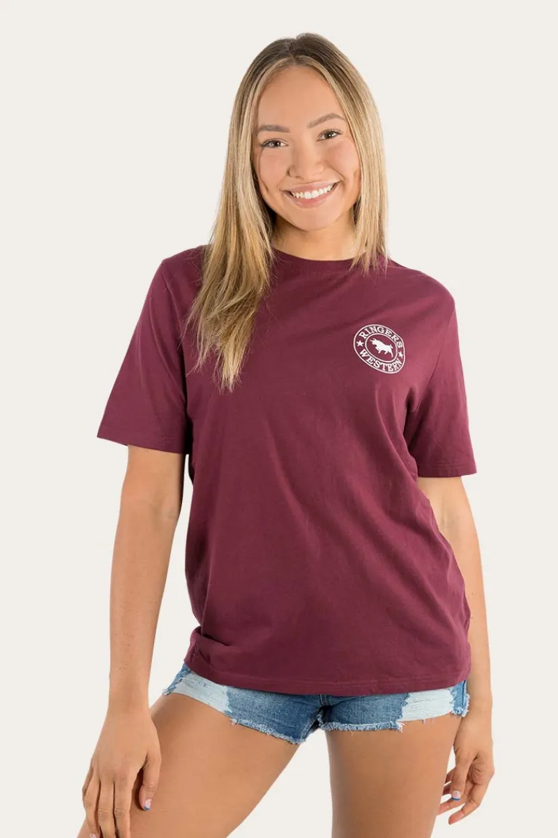 Sale Ringers Western Signature Bull Womens Loose Fit T-Shirt - Burgundy/White
