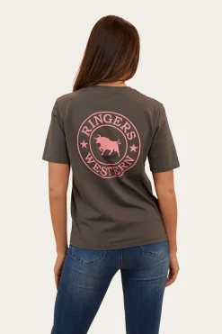 Outlet Ringers Western Signature Bull Womens Loose Fit T-Shirt - Vintage Black/Strawberry