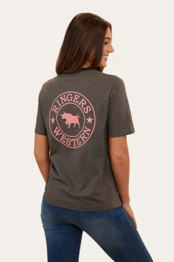 Outlet Ringers Western Signature Bull Womens Loose Fit T-Shirt - Vintage Black/Strawberry