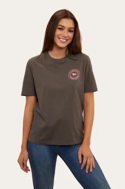 Outlet Ringers Western Signature Bull Womens Loose Fit T-Shirt - Vintage Black/Strawberry
