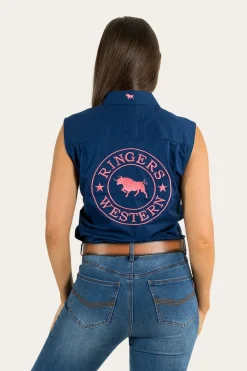 Sale Ringers Western Signature Jillaroo Womens Sleeveless Work Shirt - Navy/Melon