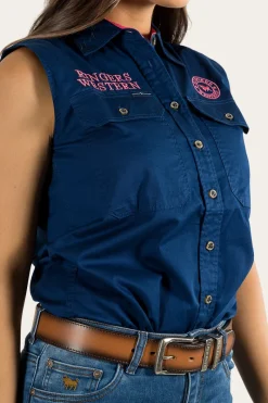 Sale Ringers Western Signature Jillaroo Womens Sleeveless Work Shirt - Navy/Melon