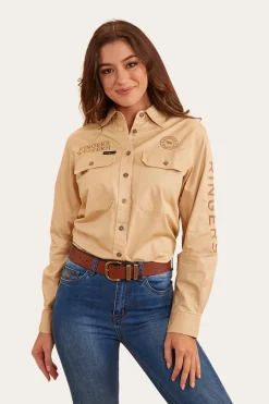 Hot Ringers Western Signature Jillaroo Womens Full Button Work Shirt - Dark Sand/Clay
