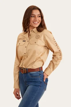 Hot Ringers Western Signature Jillaroo Womens Full Button Work Shirt - Dark Sand/Clay