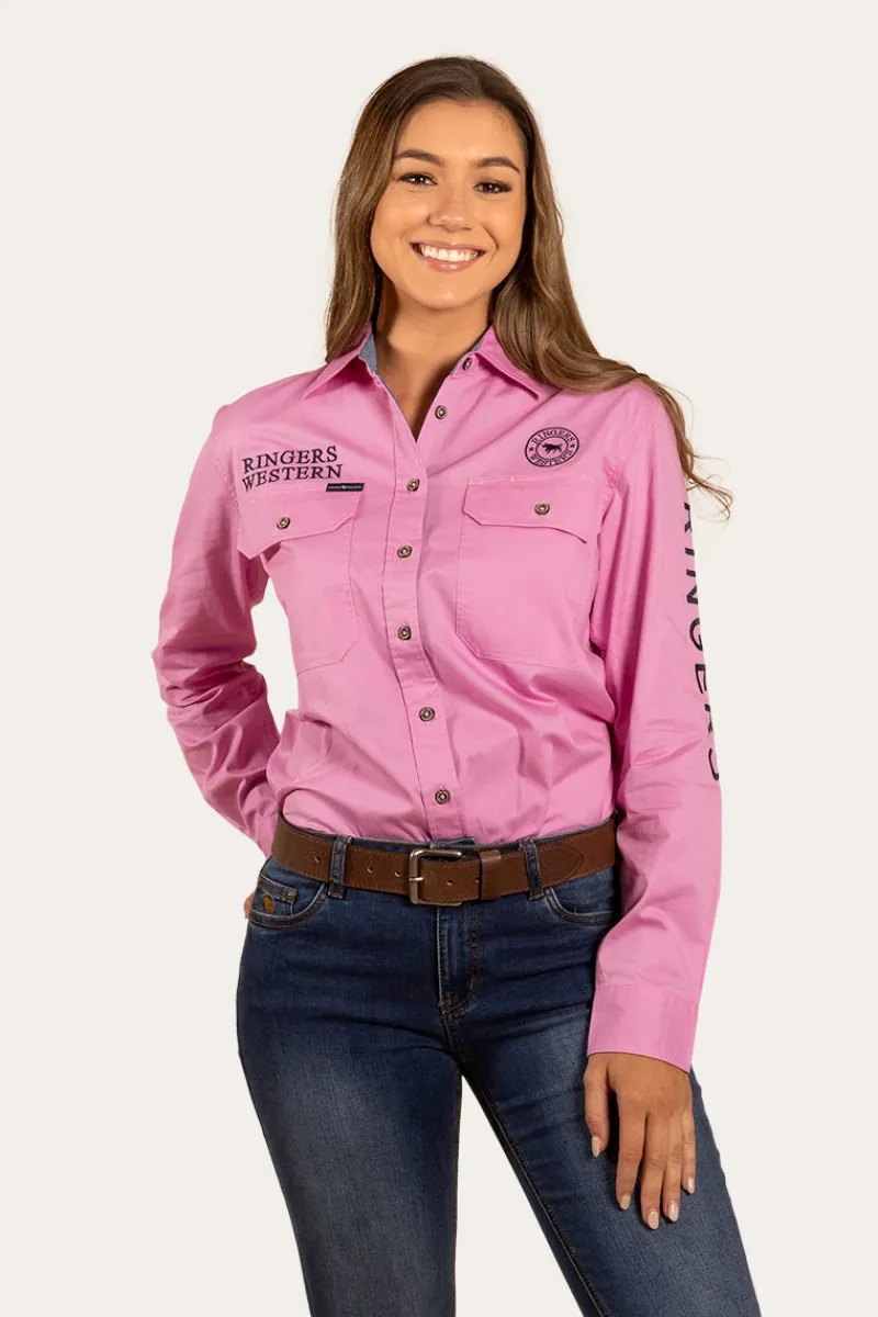 Discount Ringers Western Signature Jillaroo Womens Full Button Work Shirt - Pastel Pink/Navy