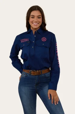 Outlet Ringers Western Signature Jillaroo Womens Half Button Work Shirt - Navy/Melon
