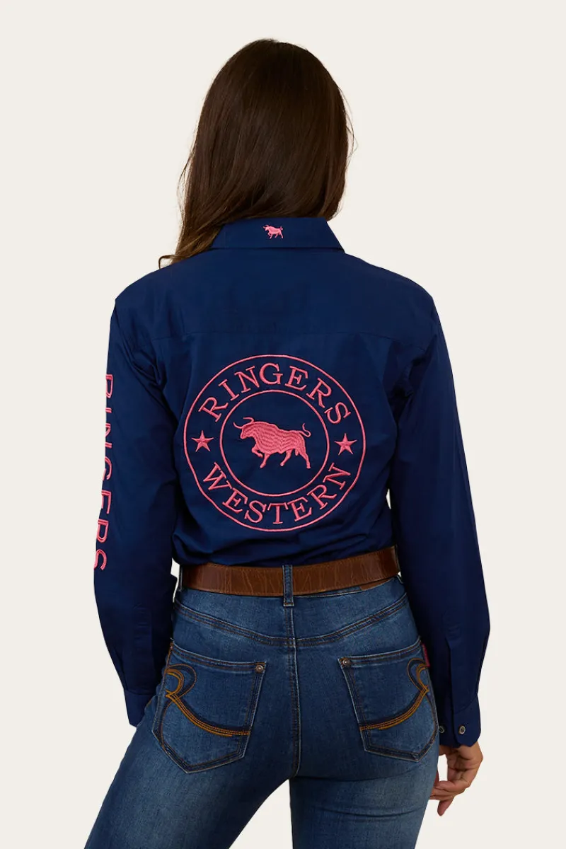 Outlet Ringers Western Signature Jillaroo Womens Half Button Work Shirt - Navy/Melon