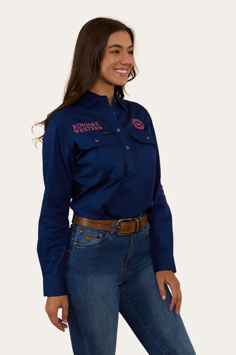 Outlet Ringers Western Signature Jillaroo Womens Half Button Work Shirt - Navy/Melon
