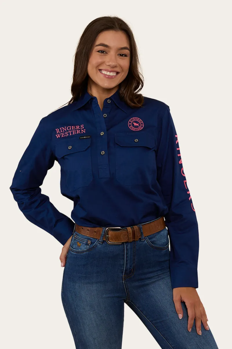 Outlet Ringers Western Signature Jillaroo Womens Half Button Work Shirt - Navy/Melon