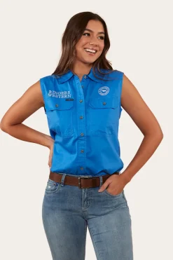 Hot Ringers Western Signature Jillaroo Womens Sleeveless Work Shirt - Blue/White