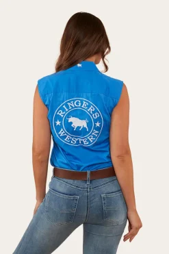 Hot Ringers Western Signature Jillaroo Womens Sleeveless Work Shirt - Blue/White