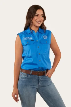 Hot Ringers Western Signature Jillaroo Womens Sleeveless Work Shirt - Blue/White