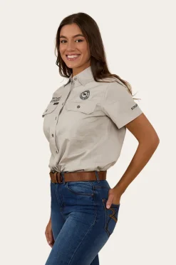 Outlet Ringers Western Signature Jillaroo Womens Full Button Short Sleeve Work Shirt - Beige / Navy