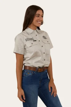 Outlet Ringers Western Signature Jillaroo Womens Full Button Short Sleeve Work Shirt - Beige / Navy