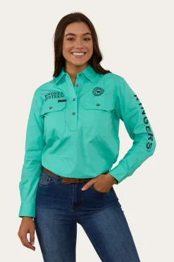 Outlet Ringers Western Signature Jillaroo Womens Half Button Work Shirt - Mint/Navy