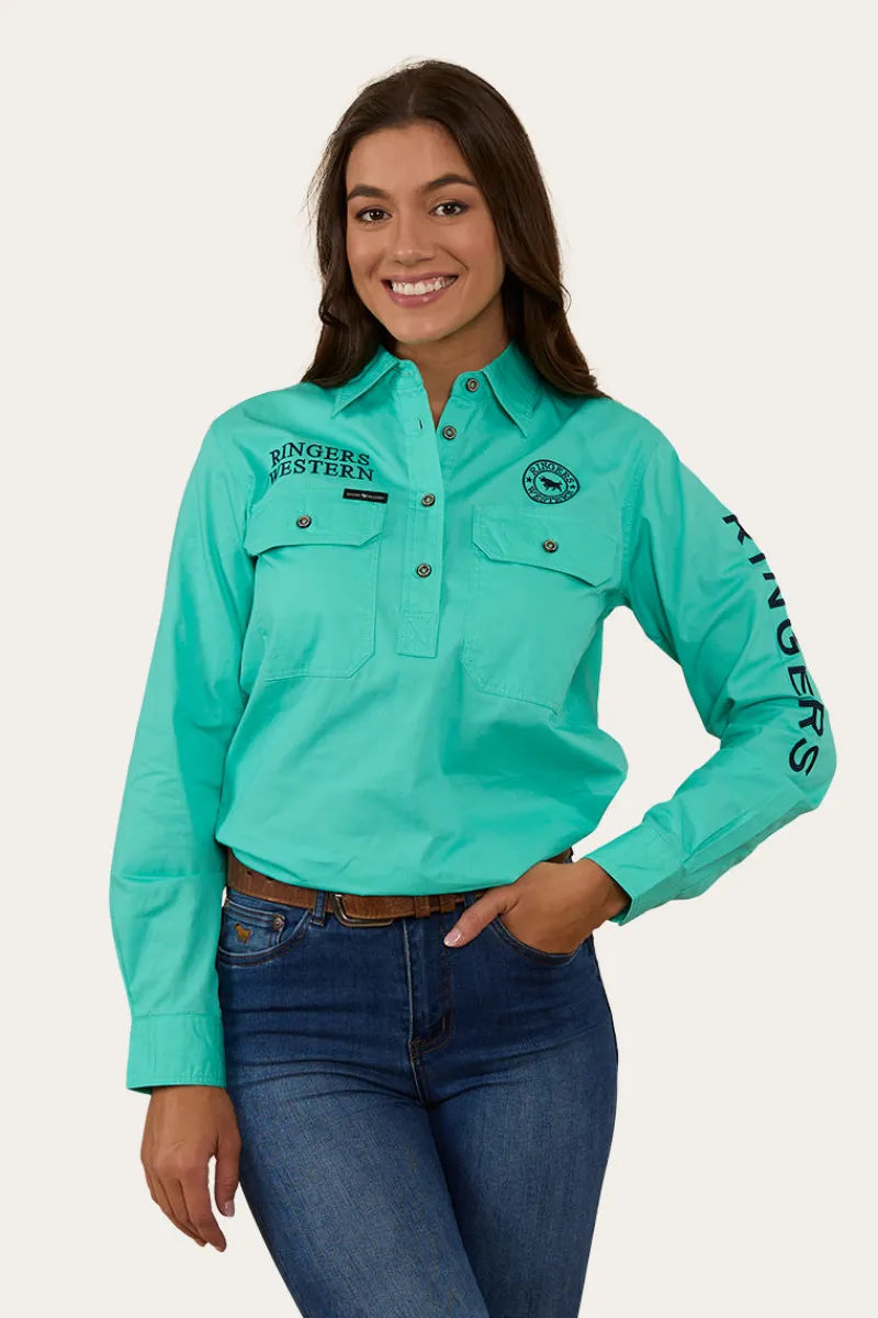 Outlet Ringers Western Signature Jillaroo Womens Half Button Work Shirt - Mint/Navy