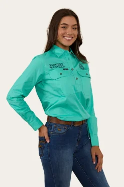 Outlet Ringers Western Signature Jillaroo Womens Half Button Work Shirt - Mint/Navy