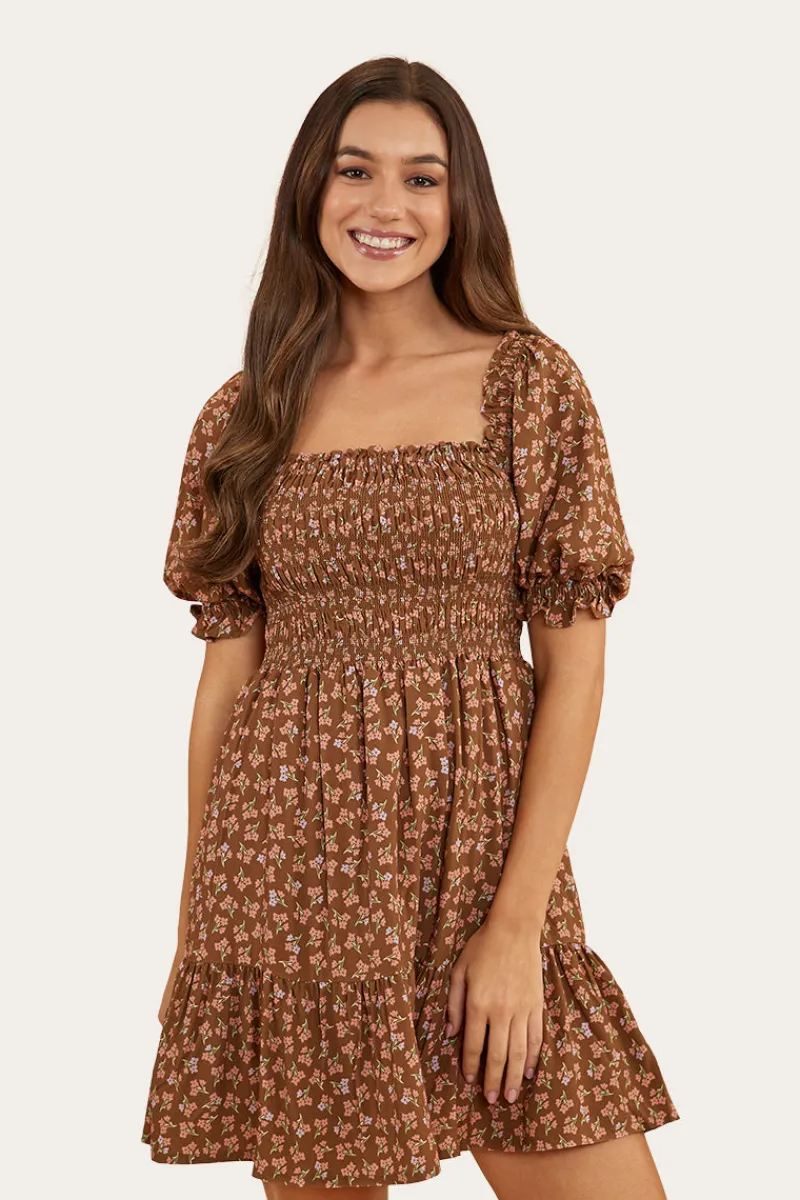 Ringers Western Tahlia Womens Shirred Mini Dress - Toffee