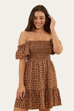 Ringers Western Tahlia Womens Shirred Mini Dress - Toffee
