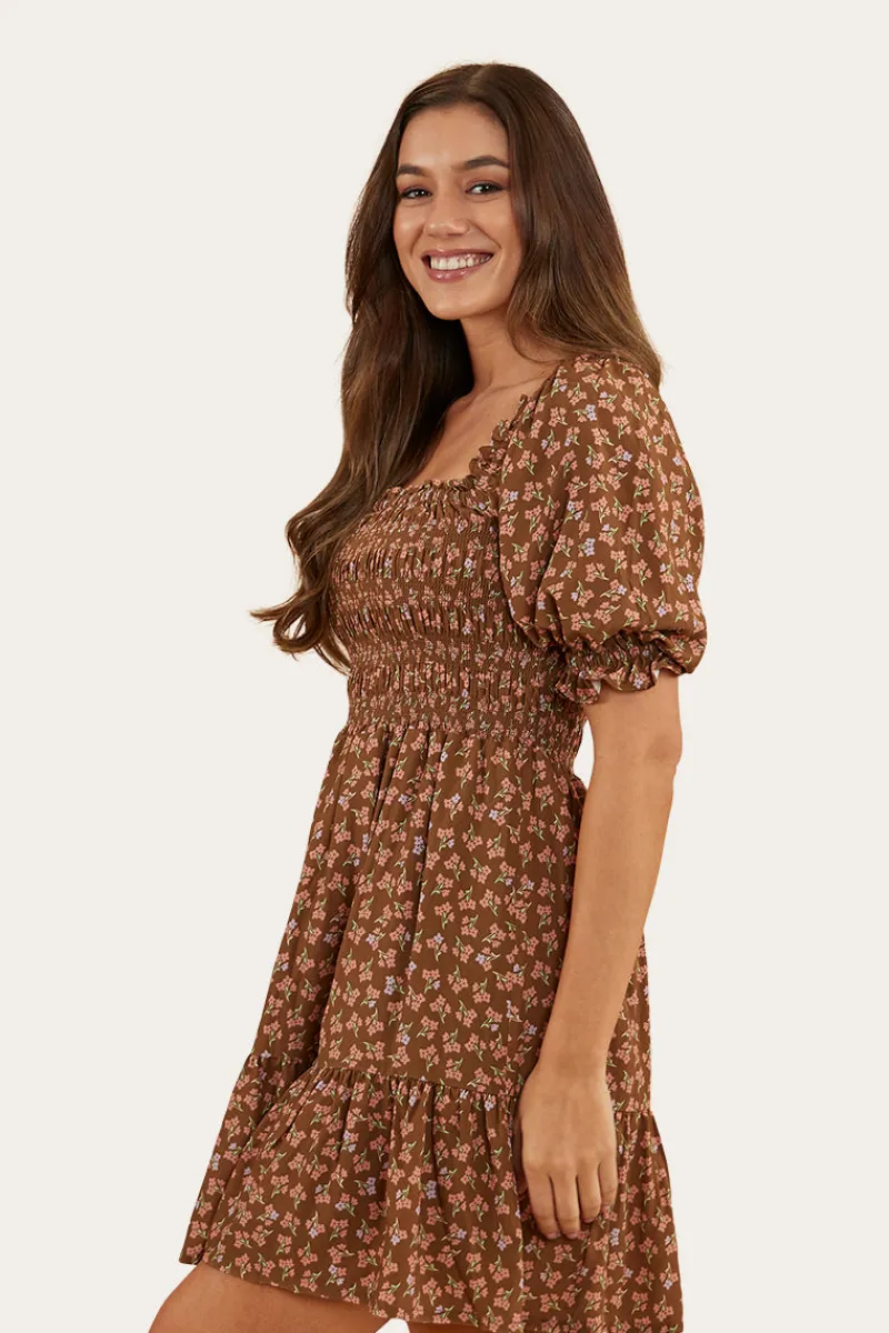 Ringers Western Tahlia Womens Shirred Mini Dress - Toffee