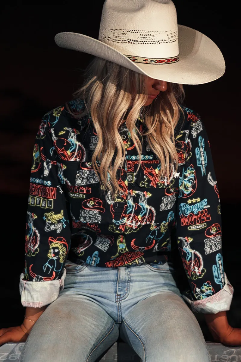 Sale Ringers Western The Dyno Womens Limited Edition Half Button Work Shirt - Black / Multi