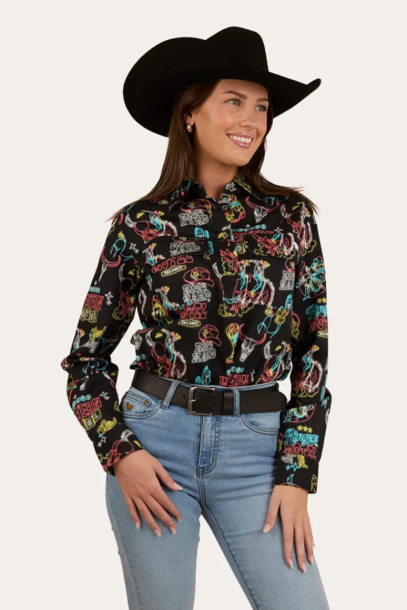 Sale Ringers Western The Dyno Womens Limited Edition Half Button Work Shirt - Black / Multi