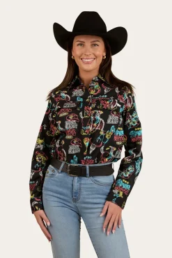 Sale Ringers Western The Dyno Womens Limited Edition Half Button Work Shirt - Black / Multi