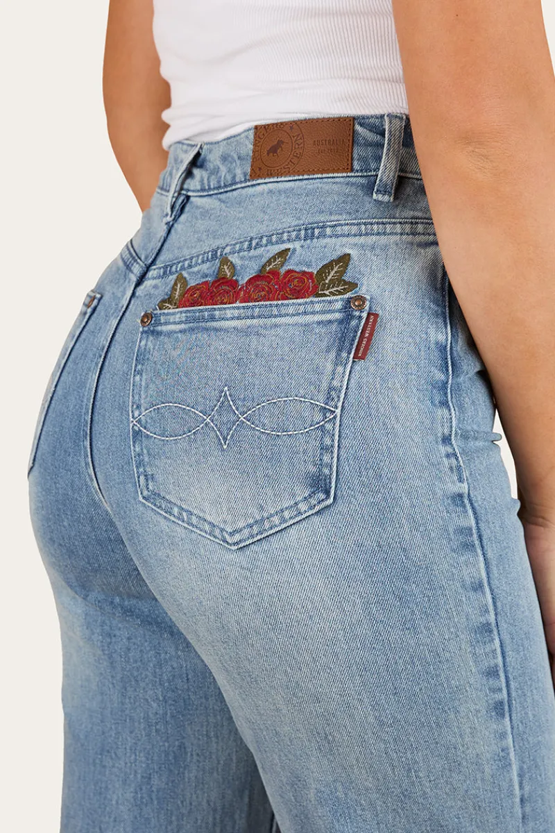 Outlet Ringers Western Visalia Rose Womens Wide Leg Jean - Light Wash Blue